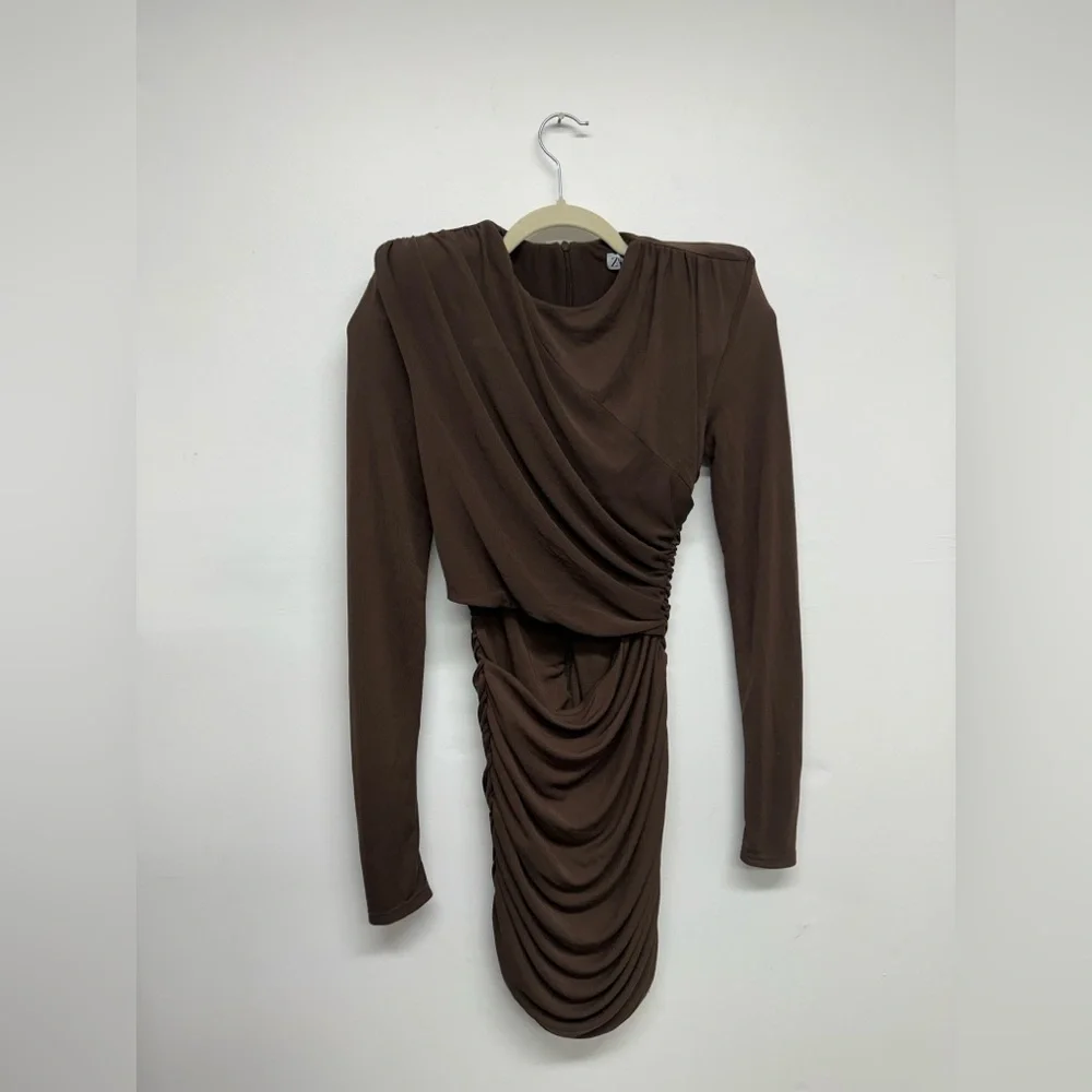 Zara Draped Brown Cutout Mini Dress, Size XS - Picture 9 of 15